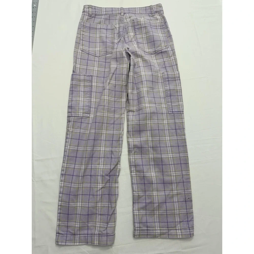 H&M Divided‎ Pants Womens 4 Purple Plaid Cargo Straight Leg Cotton Twill Casual